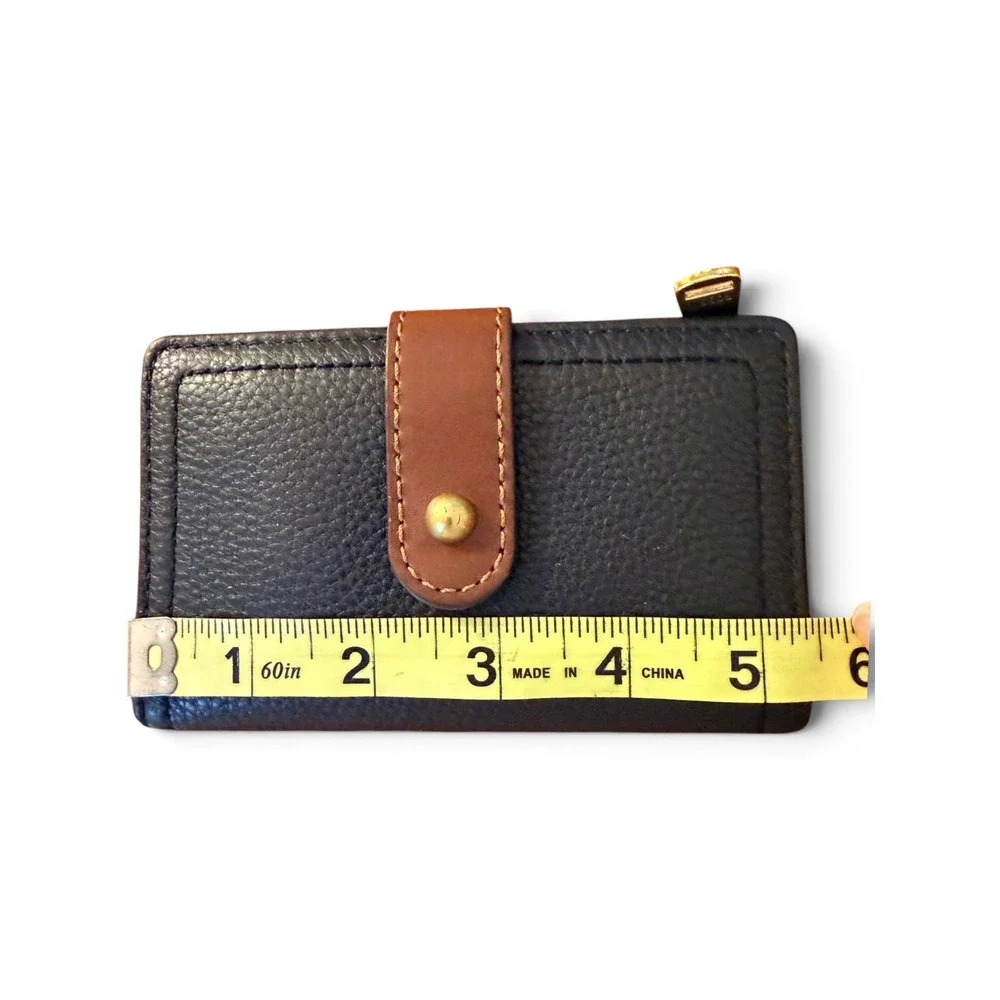 Fossil Trifold Wallet Black Pebbled Leather Brown Trim Card Slots Small